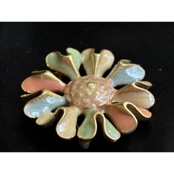 Vintage Pastel Tones Enamel Flower Brooch Pin Brush Gold Tone Modern Design 1.5" - Picture 8 of 9